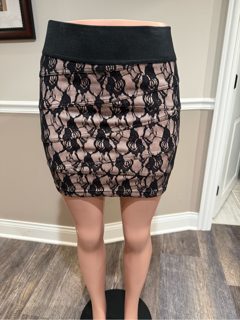 Charlotte Russe Black Lace Mini Skirt with Nude Underlay